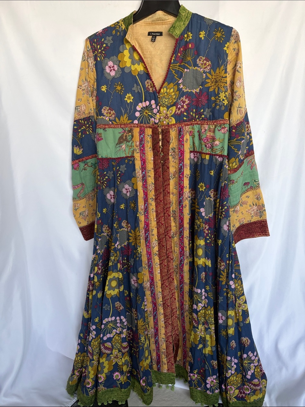 J. Peterman Jasisalmer Patchwork Embellished Button Floral Dress | Size 16
